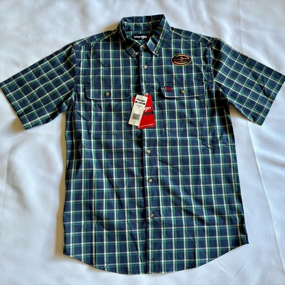 Wrangler Riggs Workwear Plaid Work Shirt Stretch Short Sleeve Blue 112325151.